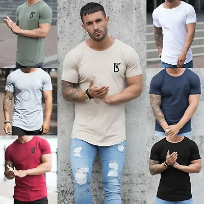 Buy BBH Designer Mens Slim Fit Muscle T Shirt Gym Fitness Plain Curved Hem Tee Top • 10.99£