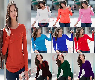 Buy Ladies Long Sleeve T-Shirt Women Round Neck Plain Basic Top Plus Size 8 - 26 • 7.99£