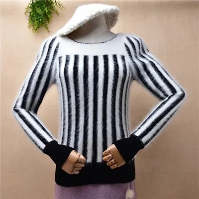 Buy Mink Cashmere Angora Mohair Knit Beetlejuice Black White Striped Sweater Lux • 130.17£