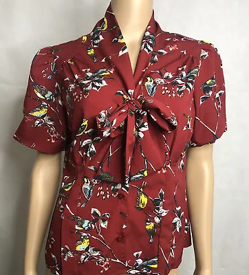 Buy Hell Bunny Vixen Red Birdy Blouse Retro Rockabilly Pinup Size S Pussy Bow Top • 23.15£