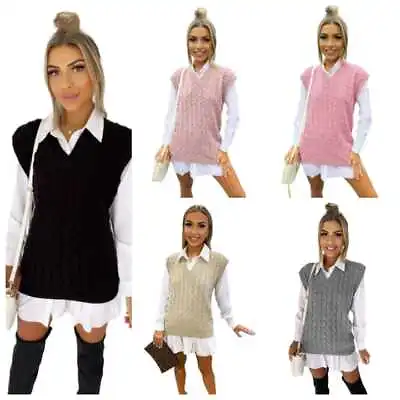 Buy Womens Ladies Cable Knit Sleeveless Vest Knitted Jumper Tank Top Winter Sweaters • 14.99£