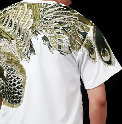 Buy Mens Short Sleeve T-Shirt Japanese Pattern Embroidery Phoenix Totem Black White • 162£