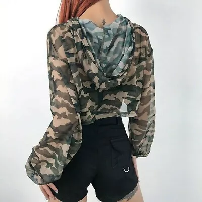 Buy Women Camouflage Crop Top Mesh Hoodie See Through Blouse Dance Asymmetric • 18.12£