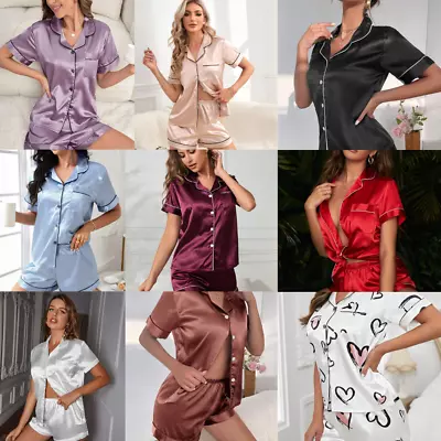 Buy Women Satin Pyjamas Set Ladies Button Sleep Wear PJs Silk Short Sleeve Nightwear • 6.99£