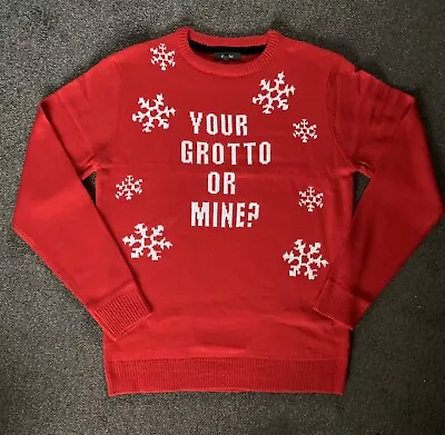 Buy Mens Christmas Jumper Red Size Large ‘Your Grotto Or Mine’ Slogan • 6.50£