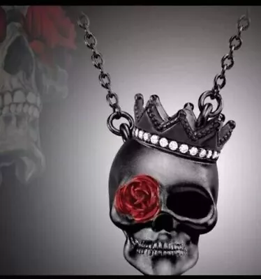 Buy Black Gothic Skull Necklace-chain-red Rose Pendant-gothic-punk-jewellery-gift-UK • 5.69£