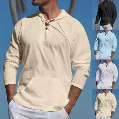 Buy Mens Lace Up Long Sleeve Hoodie Casual Summer Pockets Holiday Hooded Shirt Tops • 14.59£