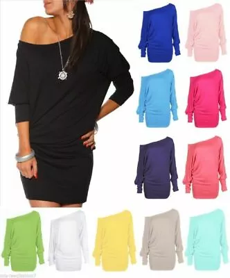 Buy New Ladies Slash Neck Batwing Sleeve Baggy OffShoulder Bardot Summer T-Shirt Top • 11.99£