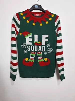Buy Christmas Jumper Mens Elf Squad Sweater Crew Neck Xmas Green Red Knit Small • 16£