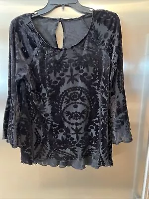Buy Black Burn Out Retro Top Gypsy Boho Hippie Style Flared Vell Sleeves Med 11/12 • 8.64£