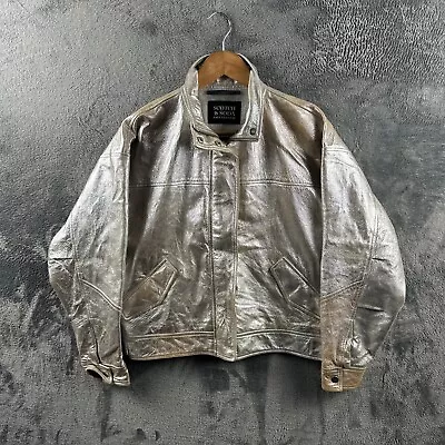 Buy Scotch & Soda Womens Leather Jacket Large 44  Full Zip Moto Space Silver Gold • 99.99£