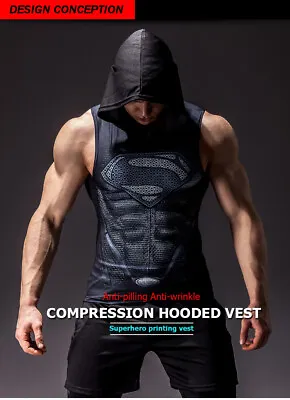 Buy Mens Tank Top Compression Hoody Vest Top For Gym Cosplay Running Superhero • 14.99£