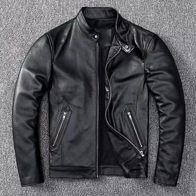 Buy Mens Genuine Cowhide Leather New Casual Biker Style Real Collar Up Button Jacket • 90£