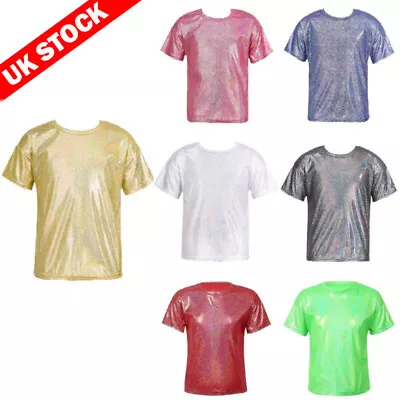 Buy UK Girls Boys Shiny Plain T-shirt Short Sleeve Sparkly Jazz Dance Tops Dancewear • 8.91£