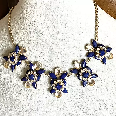 Buy Chunky Blue Flower Sparkly Necklace Gold Tone Metal 56cm Costume Jewellery • 16£