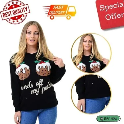 Buy Women Xmas Knitted Hands Off My Puddings Funny Two Cupcakes Christmas Jumper • 15.99£