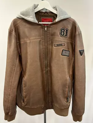 Buy Guess Bomber Jacket XL Brown Faux Leather Detachable Hood LA Patches • 38.99£