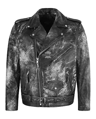 Buy BRANDO Men's Vintage Distressed White Black Rustic BIKER GENUINE Leather Jacket • 130£