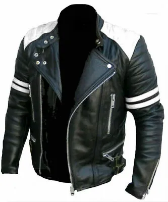 Buy Mens Real Leather Jacket Biker Black White Vintage Retro Cafe Racer Motorcycle • 64.99£