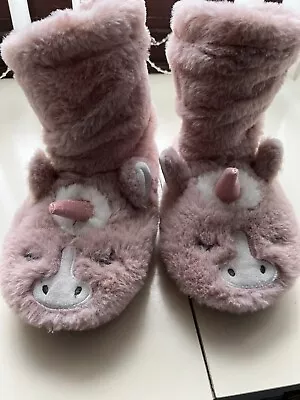 Buy Girls Pink Fluffy Unicorn Slippers/Booties Size 12 Used But Good Condition • 2£