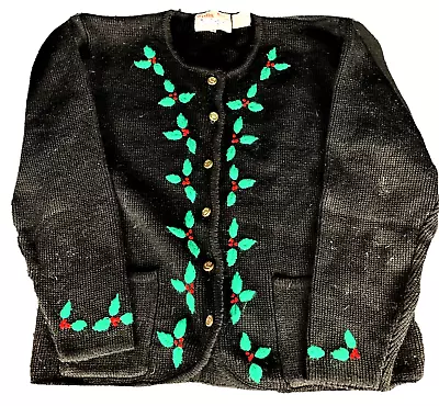 Buy Talley-Ho Vintage Christmas Sweater Black Holly Trim. 1950s Size L • 27.99£