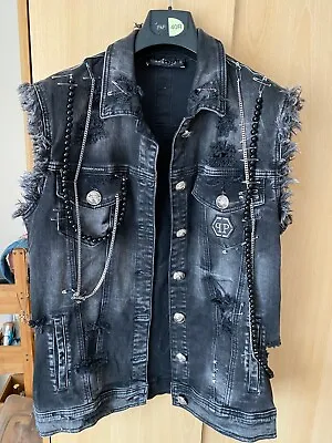 Buy PHILIPP PLEIN COUTURE Denim Vest With Chains, Black With Mickey Mouse • 180£