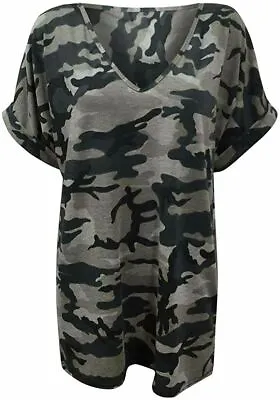 Buy Womens Ladies Camouflage Grey V Neck Baggy Short Sleeve T Shirt Top Plus Size • 9.99£
