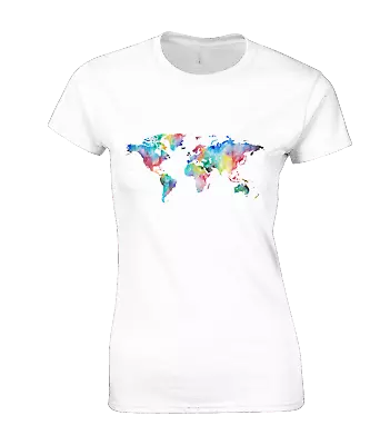 Buy Watercolour World Map Womens T Shirt Banksy Cool Fashion Casual Retro Top • 7.99£