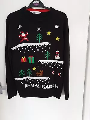 Buy H & M Xmas Gamer Santa Boys Girls Black Jumper Size 12 - 14 Years Excellent Cond • 10.99£