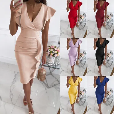 Buy Womens Sexy V Neck Midi Dress Ruffle Sleeveless Evening Cocktail Party Bodycon • 3.09£