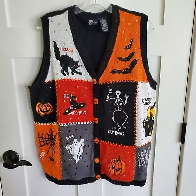 Buy VTG Halloween Knit Ugly Sweater Vest 1X Pumpkin Skeleton Cat Ghost Bewitched XXL • 34£