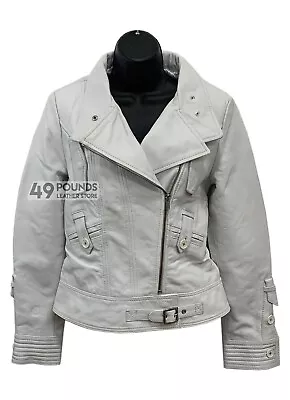 Buy SUPERMODEL Ladies Italian White Leather Jacket Army Designer Biker Style 4110 • 41.65£