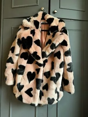 Buy Jakke Faux Fur Coat Hearts Pink Black Jacket Size 6 XS • 50£