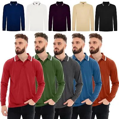 Buy Mens Polo Long Sleeve Pique T-Shirt Tipping Collar Pocket Smart Casual Shirt Top • 9.99£