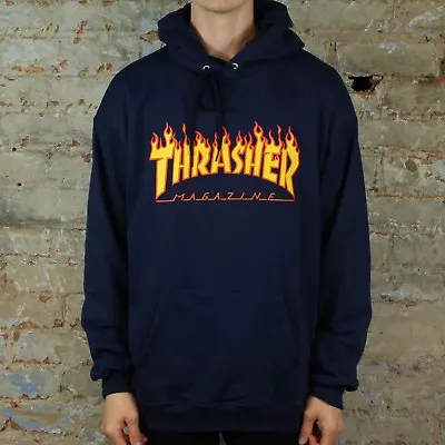 Buy Thrasher Flame Logo Pullover Hooded Sweatshirt – Navy In Size S,M,L • 69.99£
