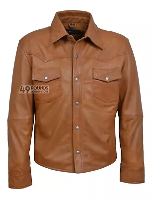 Buy Men's Black Adjustable Collar Casual Retro Soft Real Leather Shirt Jacket M-114 • 41.65£