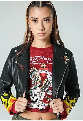 Buy ED HARDY  WOMENS FLAMING HEART LEATHER JACKET / L (Limited Edition) • 64.90£