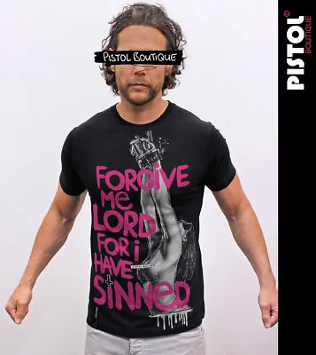 Buy Pistol Boutique Mens Black Crew Neck FORGIVE ME LORD SINNER TIED UP GIRL T-Shirt • 22.49£