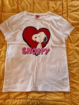 Buy Official Peanuts Snoopy Love Heart Womens  Reversible Sequin T-Shirt L Large • 13.75£