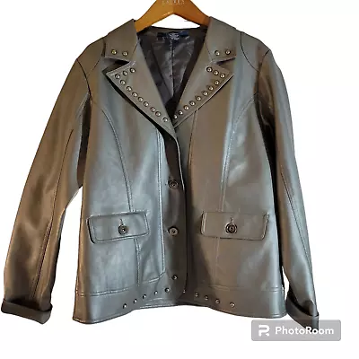 Buy Susan Graver Faux Leather Moto Jacket Womens Medium Gray Silver Studs Pockets • 34.19£