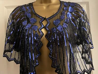 Buy New Ladies Gorgeous Blue Sequin Cape /poncho Tassel Evening/party Size 12/14 • 9.99£