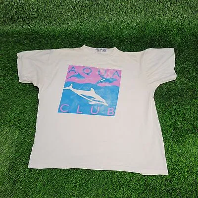 Buy Vintage Aqua-Club Dolphin Art Shirt Womens L White Pink Blue Waterpark Adventure • 27.03£