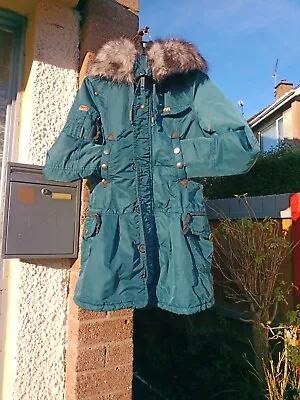 Buy Khujo Coat Size S In Teal Hood With Detachable Faux Fur, Multiple Pockets • 100£