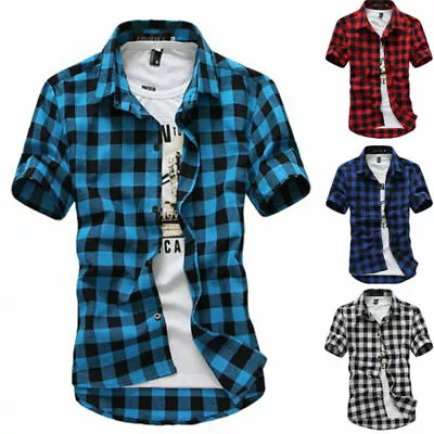 Buy Mens Plaid Check Shirts Short Sleeve Tops Button Down T-shirt Blouse Tee Casual • 13.34£