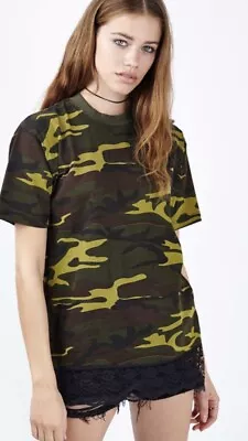 Buy TOPSHOP FINDS Ladies Round NECK Army T-Shirt CAMO With LACE RRP £32 Size Small • 6.99£