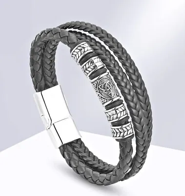Buy Stainless Steel PU Leather Viking Bracelet Nordic Multilayer Bracelet Thor Odin • 9.95£