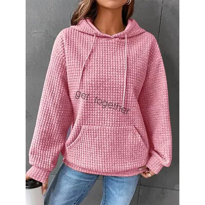 Buy Women Waffle Long Sleeve Hoodie Tops Ladies Casual Baggy Plain Hooded Sweatshirt • 16.79£