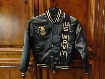 Buy Vintage 80's Blue US NAVY Priority Male Satin Snap Bomber  Jacket Youth Size 14 • 23.40£