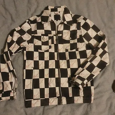 Buy Women's Denim Jacket Mennace Checkered  Size Small Black And White • 19.99£