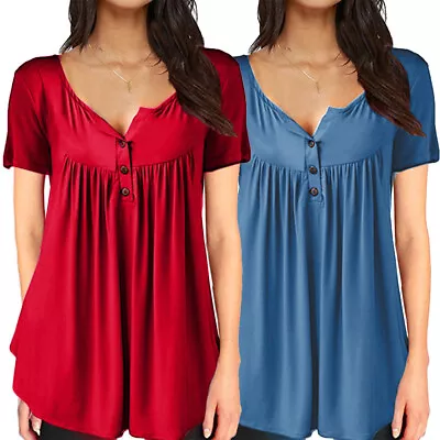 Buy Plus Size Women's TShirt Short Sleeve Up V Neck Curve Hem Tunic Tops Relaxed Fit • 5.99£